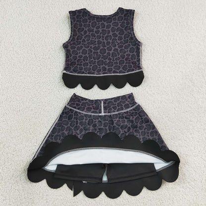 Baby Girls Clothes Black Leopard Vest Bows Skirt Short Yoga Active Scallop Clothes Set GSD4268