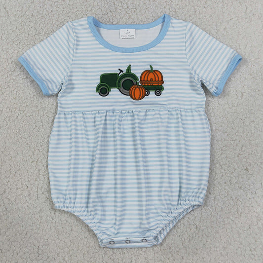 Baby Boys Rompers Embroidery Pumpkins Truck Blue Stripe Fall Short Sleeve Rompers SR4286