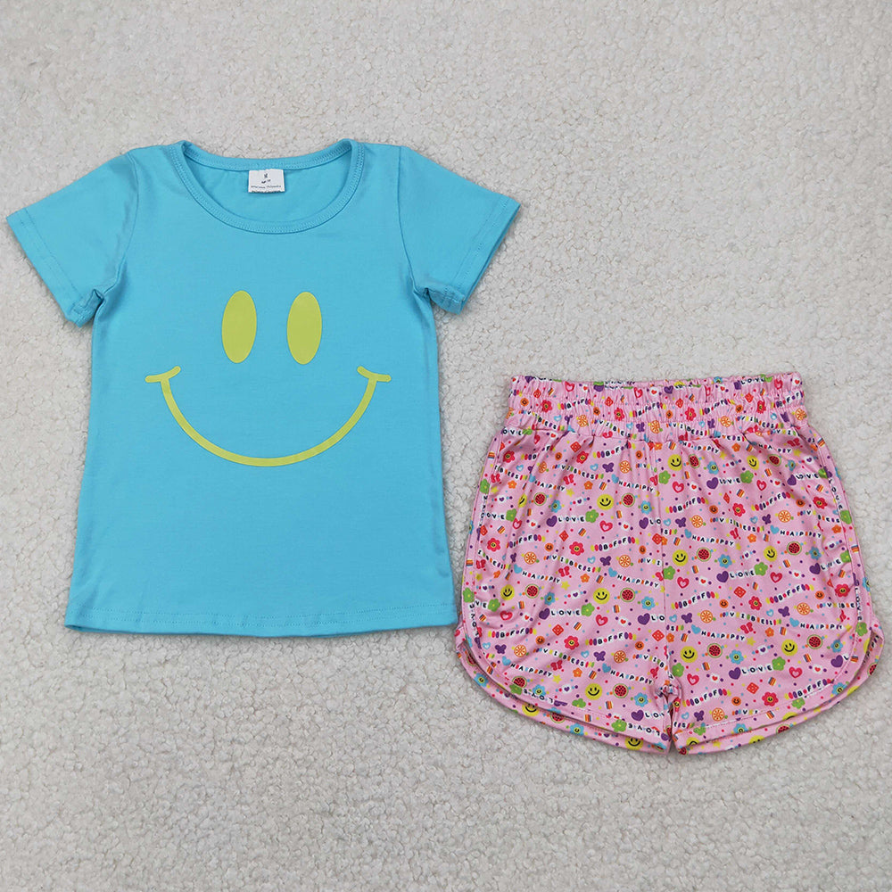 Baby Girls Clothes Blue Short Sleeve Top Pink Floral Shorts Sets GSSO2411