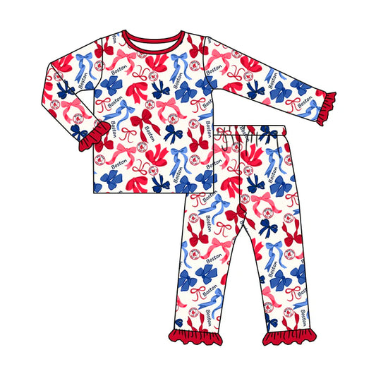 Preorder MOQ 5 Long sleeves B red blue bow kids girls team pajamas 8.21