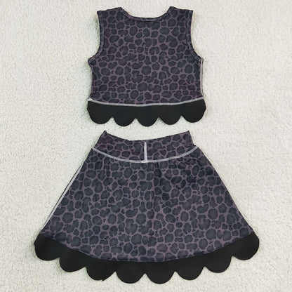 Baby Girls Clothes Black Leopard Vest Bows Skirt Short Yoga Active Scallop Clothes Set GSD4268