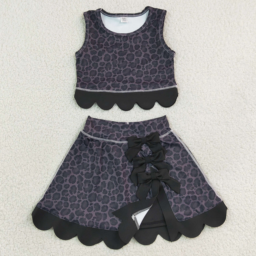 Baby Girls Clothes Black Leopard Vest Bows Skirt Short Yoga Active Scallop Clothes Set GSD4268