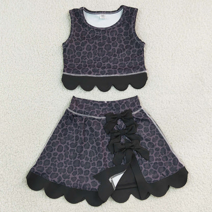 Baby Girls Clothes Black Leopard Vest Bows Skirt Short Yoga Active Scallop Clothes Set GSD4268