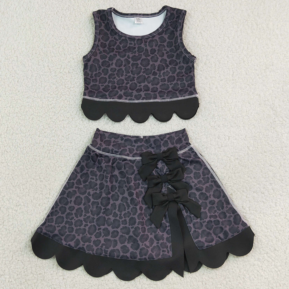 Baby Girls Clothes Black Leopard Vest Bows Skirt Short Yoga Active Scallop Clothes Set GSD4268