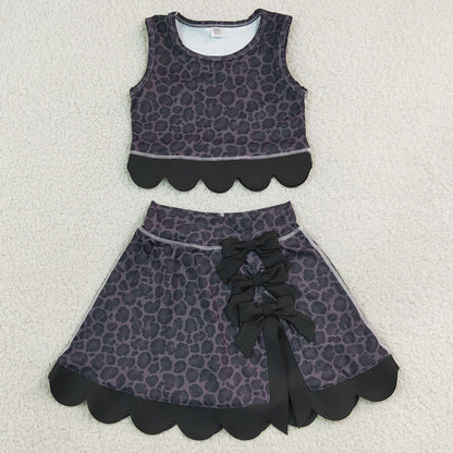 Baby Girls Clothes Black Leopard Vest Bows Skirt Short Yoga Active Scallop Clothes Set GSD4268
