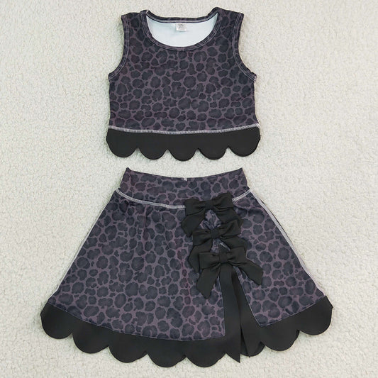 Baby Girls Clothes Black Leopard Vest Bows Skirt Short Yoga Active Scallop Clothes Set GSD4268