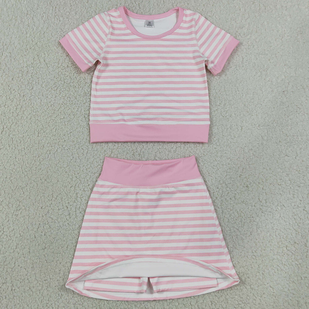 Baby Girls Light Pink Stripe Top Skirt Shorts Yoga Active Clothes Sets GSD4159