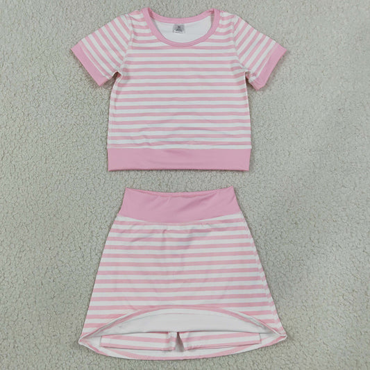 Baby Girls Light Pink Stripe Top Skirt Shorts Yoga Active Clothes Sets GSD4159