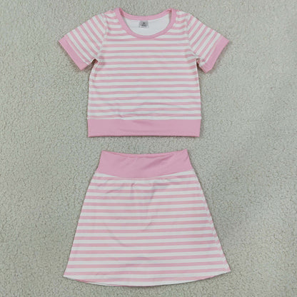 Baby Girls Light Pink Stripe Top Skirt Shorts Yoga Active Clothes Sets GSD4159
