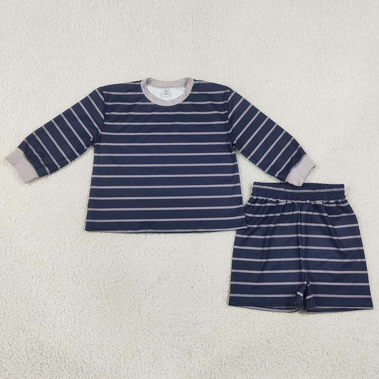 Baby Girls Clothes Grey Navy Stripe Long Sleeve Shirt Top Short Yoga Active Clothes Set GLS0158