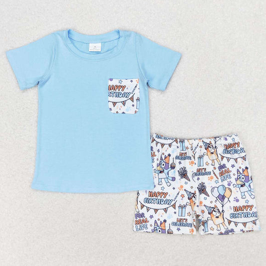 Baby Boys Clothes Blue Tee Shirts Tops Birthday Dogs Shorts Sets BSSO0907