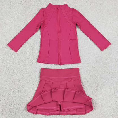 Baby Girls Clothes Hot Pink Zip Jacket Pleated Skirts Shorts Yoga Active Clothes Set GLD1703