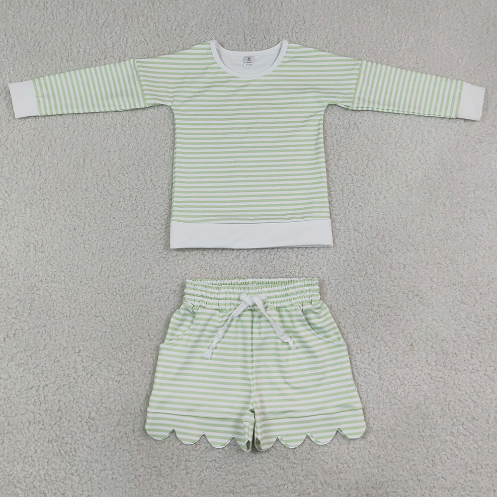 Baby Girls Clothes Light Green Stripe Long Sleeve Top Pockets Scallop Short Yoga Active Clothes Set GLS0154