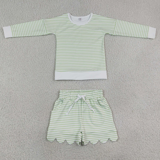 Baby Girls Clothes Light Green Stripe Long Sleeve Top Pockets Scallop Short Yoga Active Clothes Set GLS0154