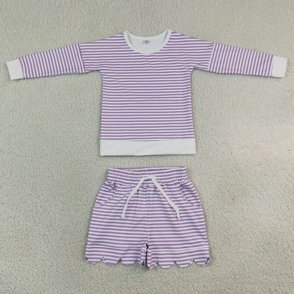 Baby Girls Clothes Purple Stripe Long Sleeve Top Pockets Scallop Short Yoga Active Clothes Set GLS0155