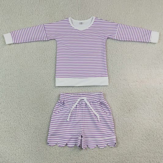 Baby Girls Clothes Purple Stripe Long Sleeve Top Pockets Scallop Short Yoga Active Clothes Set GLS0155