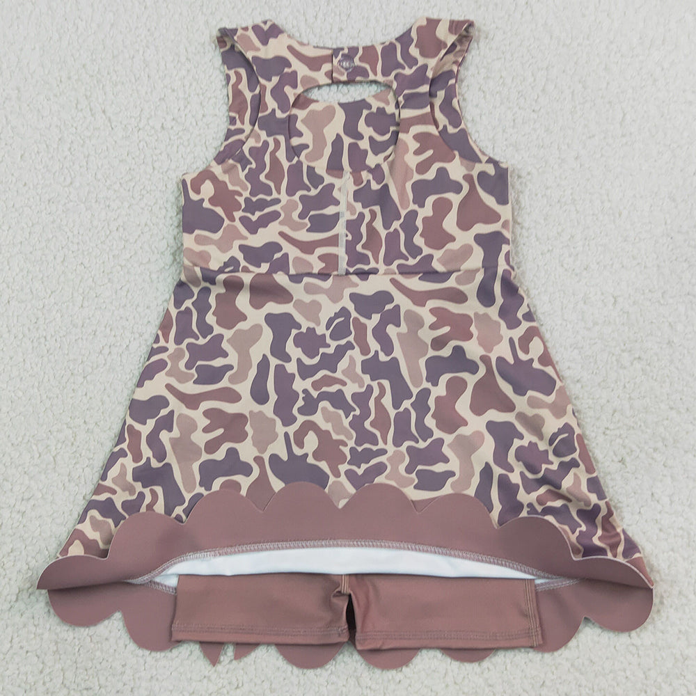 Baby Girls Dress Sleeveless Khaki Camo Yoga Active Short Scallop Bows Knee Length Dress GSD4227
