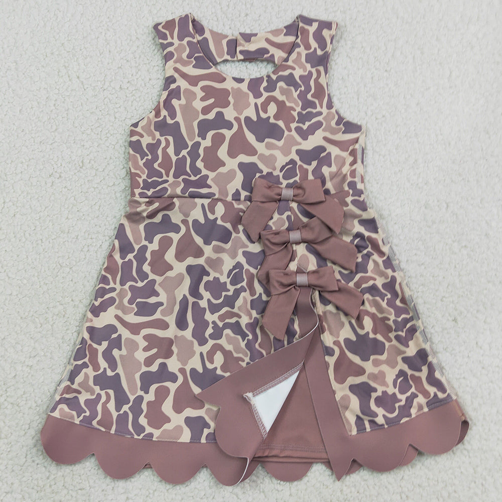 Baby Girls Dress Sleeveless Khaki Camo Yoga Active Short Scallop Bows Knee Length Dress GSD4227