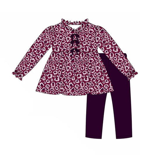 Preorder(moq 5) Baby Girls Wine Leopard Butterfly Tunic Top Legging Boutique Outfits Sets 8.7