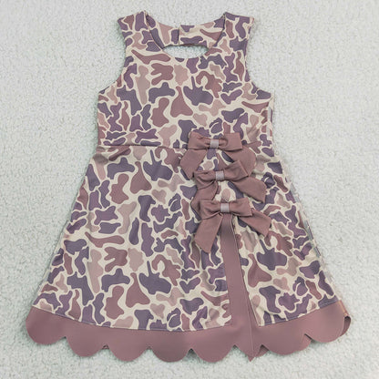 Baby Girls Dress Sleeveless Khaki Camo Yoga Active Short Scallop Bows Knee Length Dress GSD4227