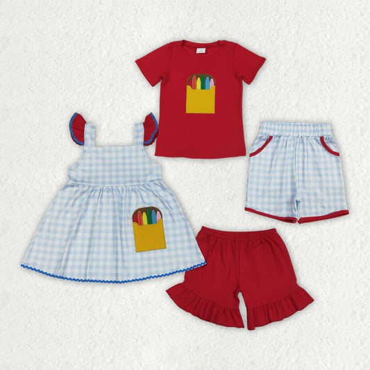 Sibling Baby Boys Girls Embroidery Apple Pencils Pockets Short Back to School Sets