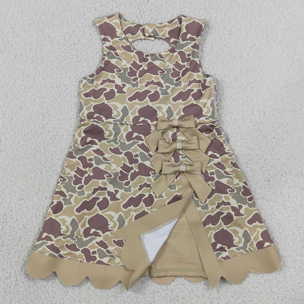 Baby Girls Dress Southern Khaki Camo Yoga Active Short Scallop Bows Knee Length Dress GSD4228