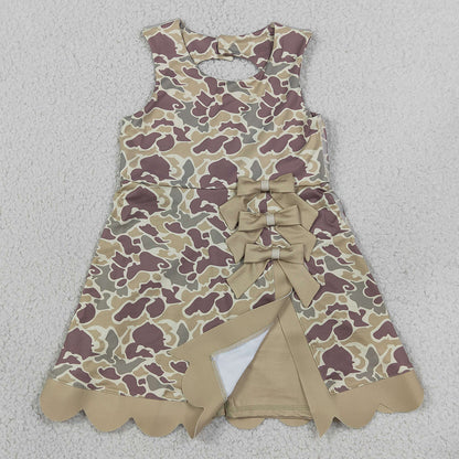 Baby Girls Dress Southern Khaki Camo Yoga Active Short Scallop Bows Knee Length Dress GSD4228