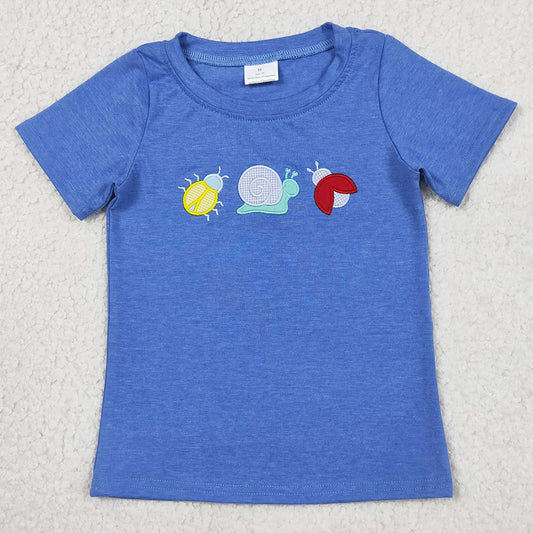 Baby Boys Clothes Embroidery Ladybirds Snails Blue Short Sleeve T-shirts Top BT1725