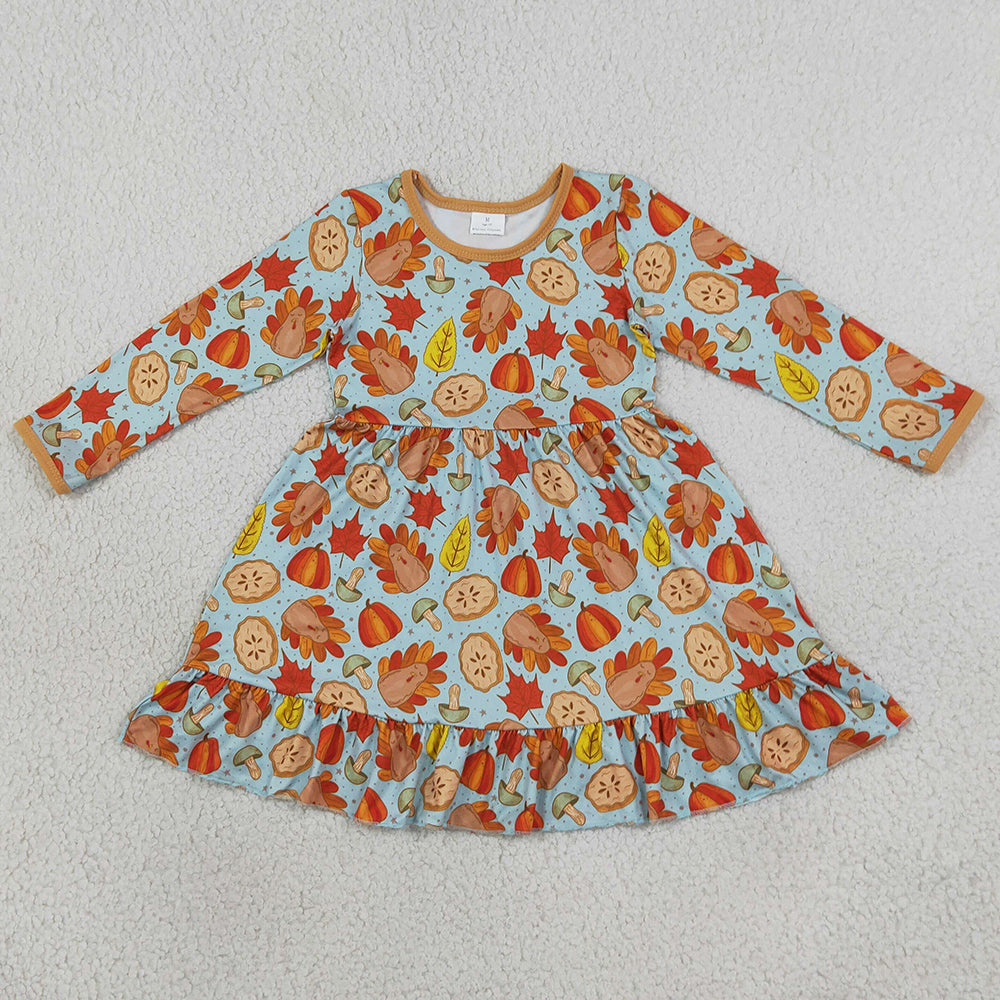 Baby Girls Dress Pumpkins Turkey Thanksgivings Ruffle Knee Length Dress GLD1692