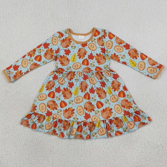 Baby Girls Dress Pumpkins Turkey Thanksgivings Ruffle Knee Length Dress GLD1692