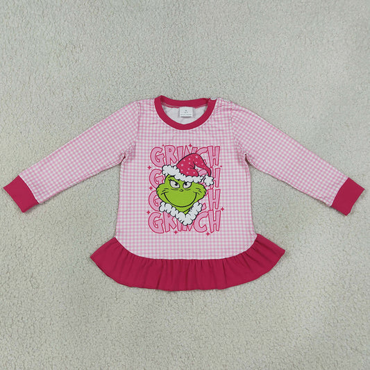 Baby Girls Clothes Pink Checked Green Face Christmas Ruffle T-shirts Top GT1154
