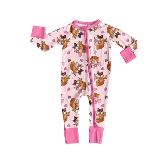Preorder (moq 8)Baby Girls Pink Hearts Highland Cows Valentine Zipper Footie Rompers 9.25