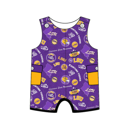 Preorder (moq 5)Baby Girls Sleeveless Purple LSU Team Shorts Rompers 6.17