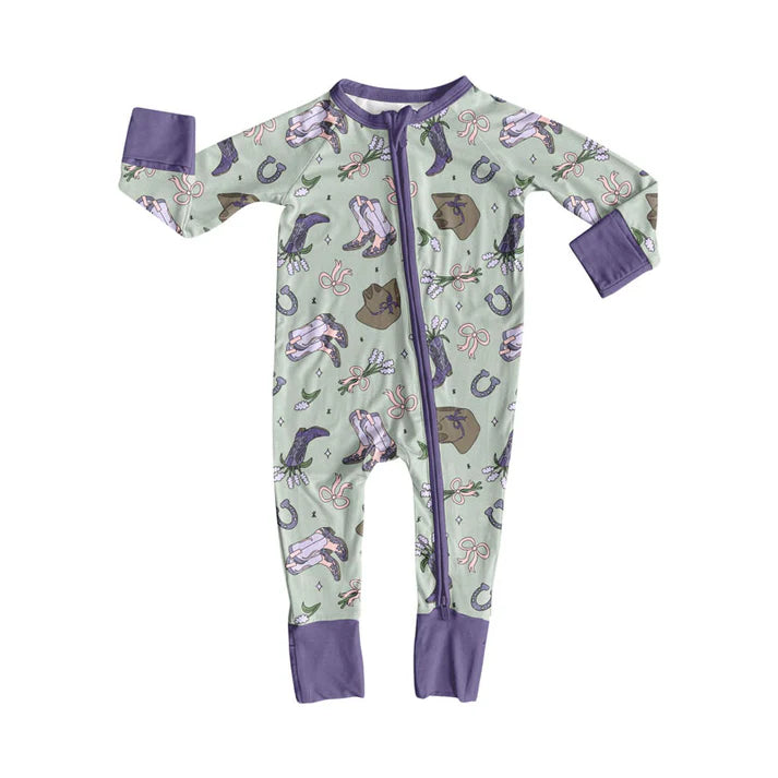 Preorder (moq 8)Baby Girls Purple Bots Hats Flowers Zipper Footie Rompers 9.8