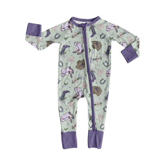 Preorder (moq 8)Baby Girls Purple Bots Hats Flowers Zipper Footie Rompers 9.8