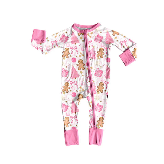 Preorder(moq 5)Baby Girls Christmas Trees Pink Gifts Gingerbread Ruffle Zipper Footie Rompers 8.14