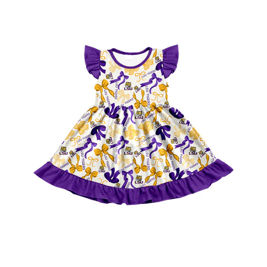 Preorder (moq 5) flutter sleeves tiger purple bows girls team dress 8.23