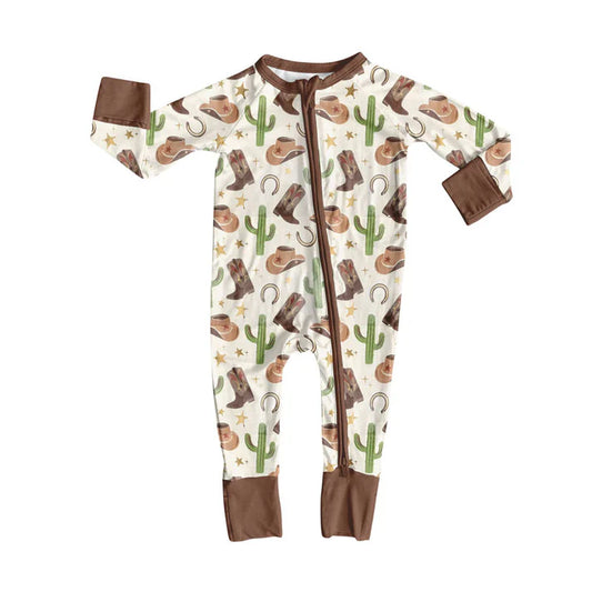 Preorder (moq 8)Baby Boys Hats Boots Cactus Western Zipper Footie Rompers 9.26