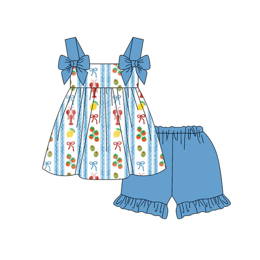 Preorder (moq 5)Baby Girls Strap Crayfishes Fruits Stripe Tunic Ruffle Shorts Clothes Sets 12.6