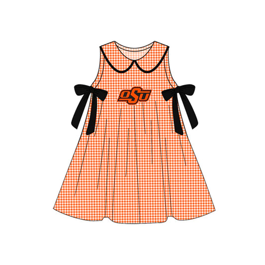 Preorder (moq 5)Baby Girls Orange Plaid Sleeveless Bows OSU Team Knee Length Dresses 7.10
