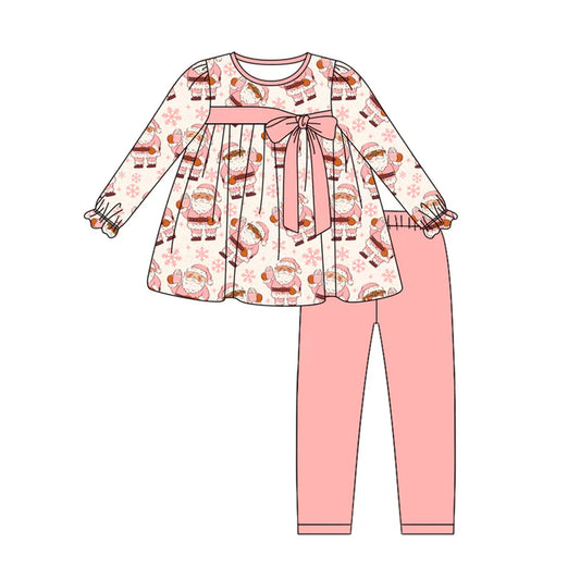 Preorder (moq 5)Baby Girls Long Ruffle Sleeves Pink Santa Snowflake Tunic Legging Pant Sets 5.28