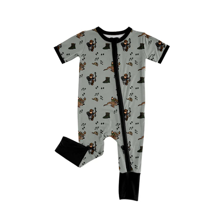 Preorder (moq 5)Baby Boys Gray Short Sleeves Boots Hunting Zipper Rompers 5.17
