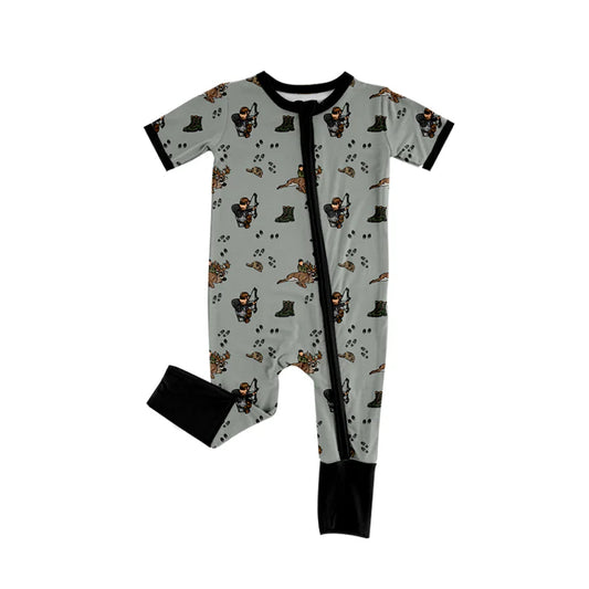 Preorder (moq 5)Baby Boys Gray Short Sleeves Boots Hunting Zipper Rompers 5.17