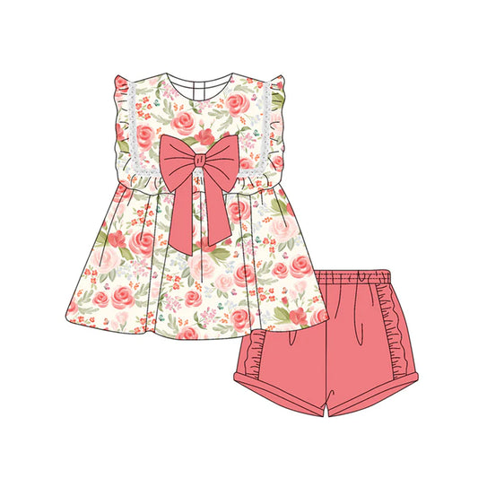 Preorder moq 5 Baby Girls Sleeveless Peach Floral Tunic Ruffle Short Set 4.19