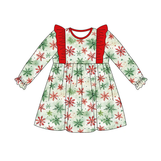 Preorder (moq 5)Baby Girls Long Ruffle Sleeves Green Red Snowflake Plaid Knee Length Dress 7.28