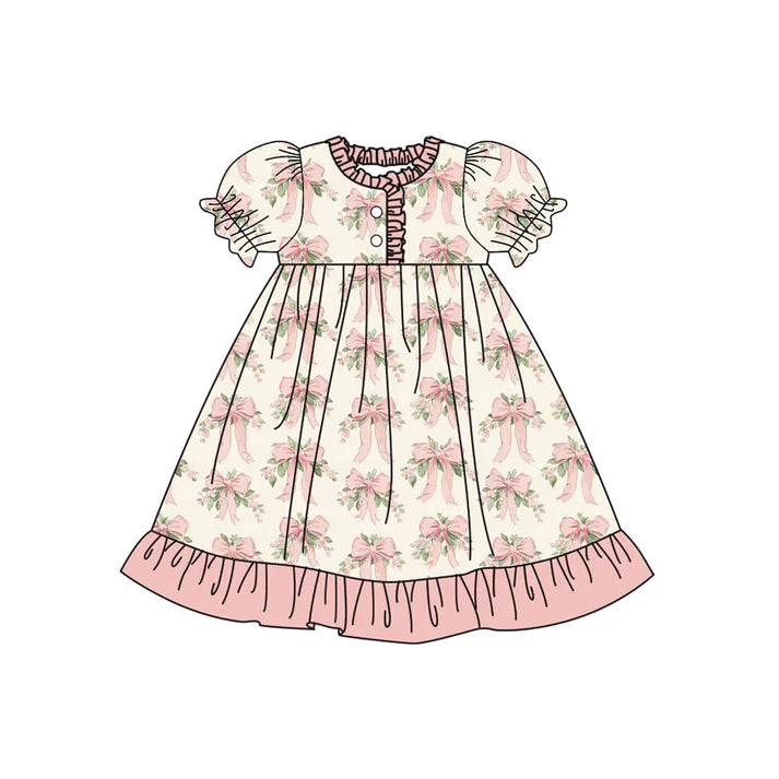 Preorder(moq 5) Baby Girls Peach Flowers Bows Button Ruffle Knee Length Dresses 10.18