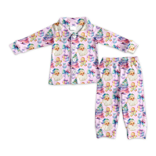 Preorder (moq 5)Baby Girls Lavender Long Sleeves Bows Santa Button Top Pant Pajamas Set 6.2