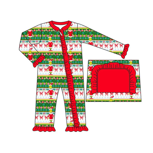 Preorder(moq 5)Baby Girls Long Sleeves Bows Green Faces Stripe Ruffle Zipper Rompers 7.25