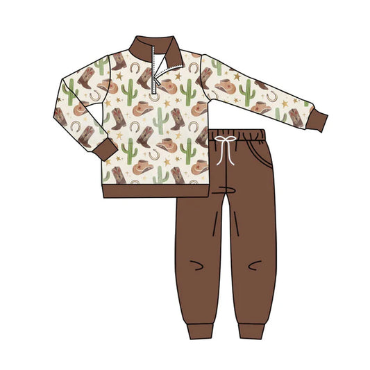 Preorder(moq 8)Baby Boys Hats Boots Cactus Zipper Pullover Pockets Jogger Western Clothes Sets 9.26