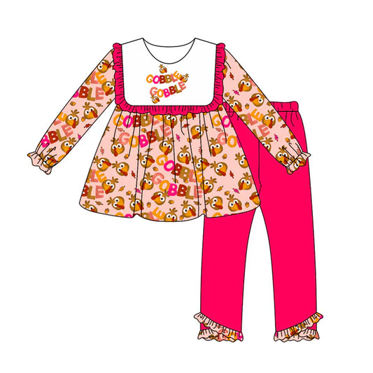 Preorder (moq 5)Baby Girls Pink Long Ruffle Sleeves Turkey Plaid Tunic Legging Pant Set 7.1